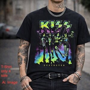 KISS Destroyer Band T-Shirt Men L Black Neon Graphic 80s Rock Grunge Edgy Music
